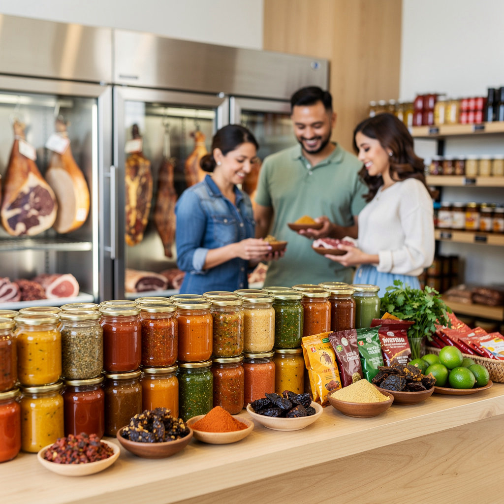 Authentic Mexican spices and sauces at Mayo's Carniceria & Tacos market in Santa Barbara