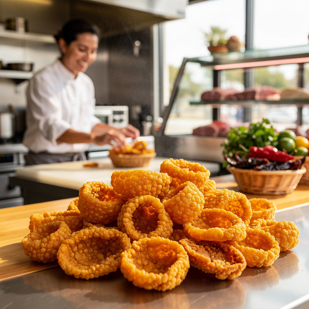 Crispy chicharrones at Mayo's Carniceria & Tacos in Santa Barbara, a specialty Mexican pork rind snack