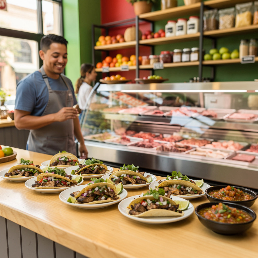 Fresh tacos and groceries at Mayo's Carniceria & Tacos, showcasing the unique combination of authentic Mexican food and market shopping in Santa Barbara
